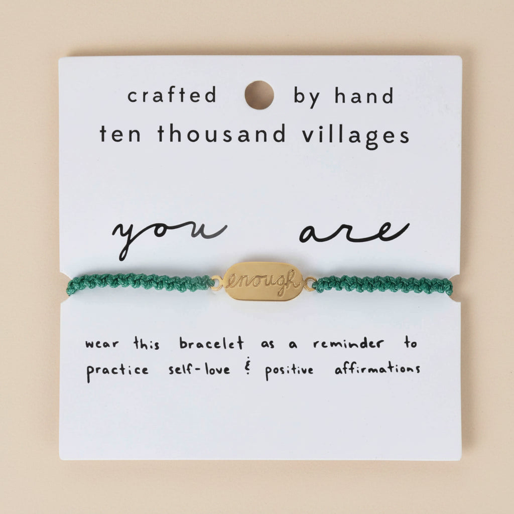 Adjustable green macrame bracelet with brass charm engraved "You Are Enough"