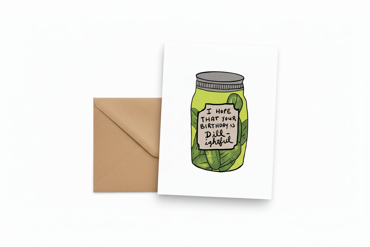 Funny pickle card with kraft envelope styled on a rustic table