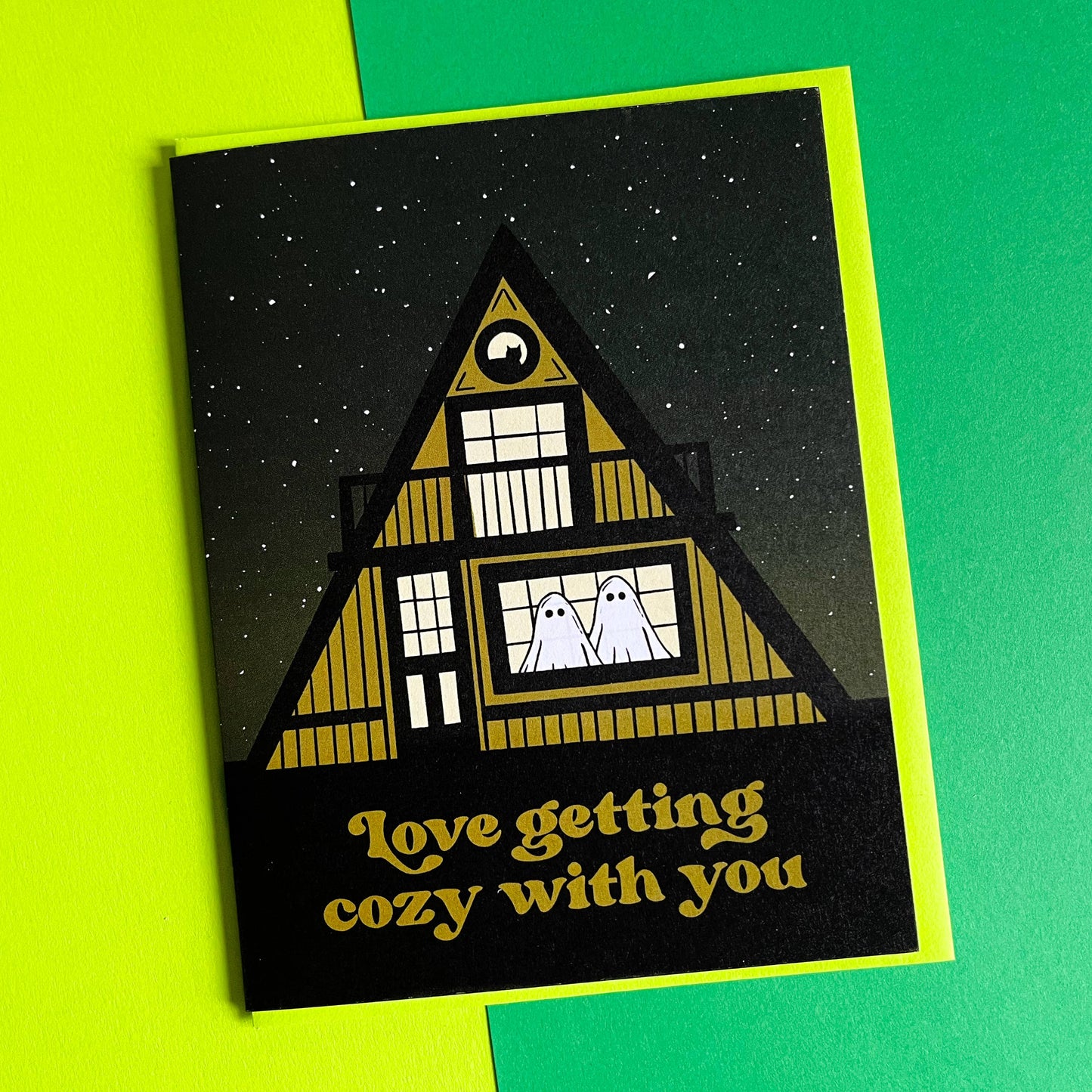 Close up of "Cozy Love Greeting Card" with envelope