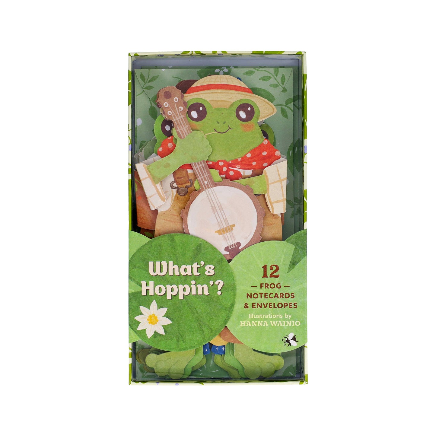 Die-cut frog notecard set displayed flat, showing playful illustrated characters.