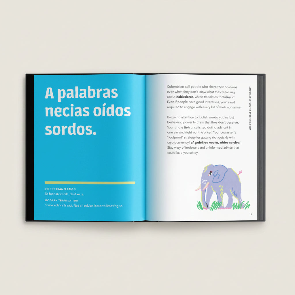 Open book with text and an illustration of an elephant on a white background