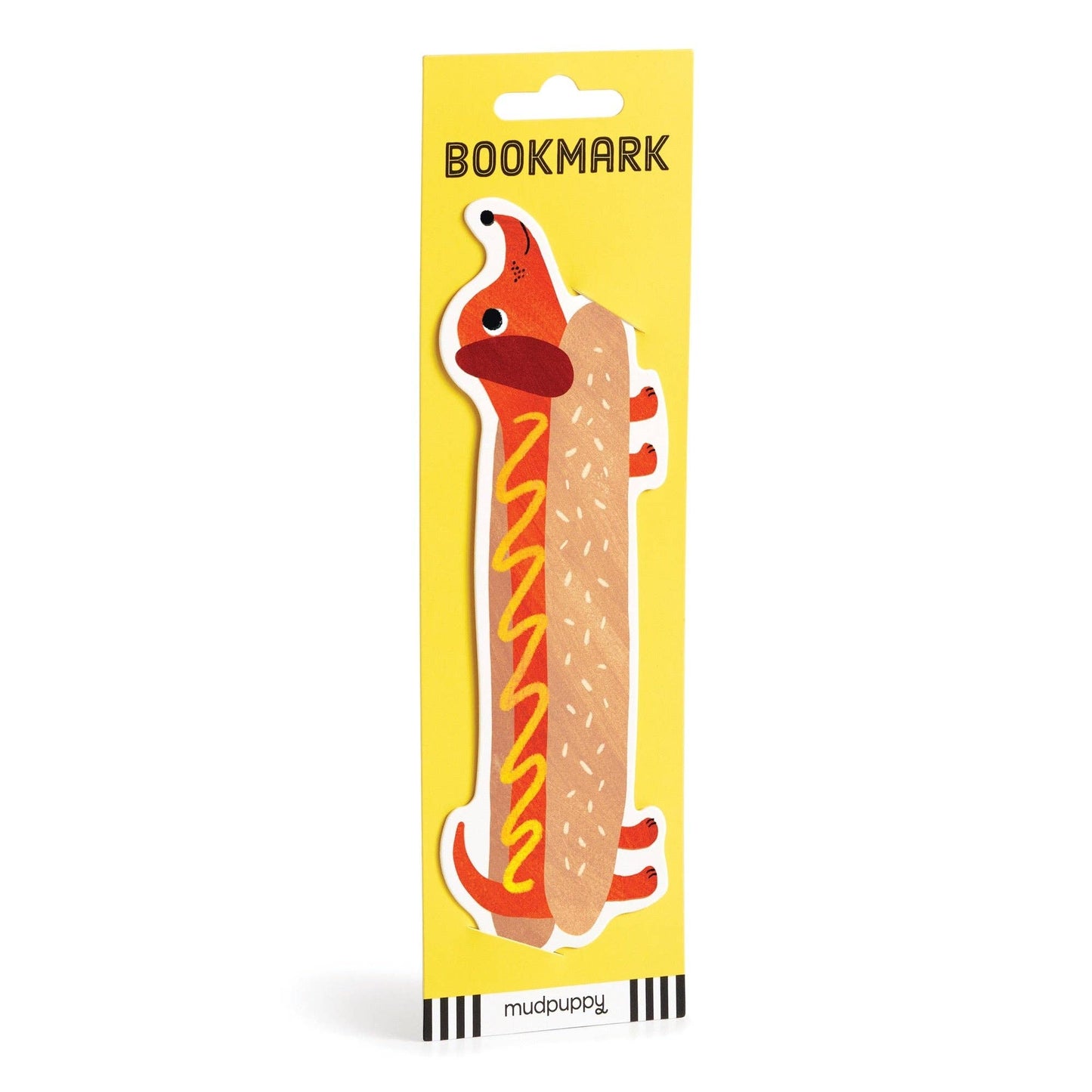 Hot dog-shaped bookmark with yellow packaging on a white background