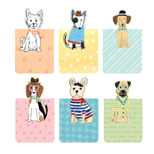 Full set of dog bookmarks fanned out on a white background