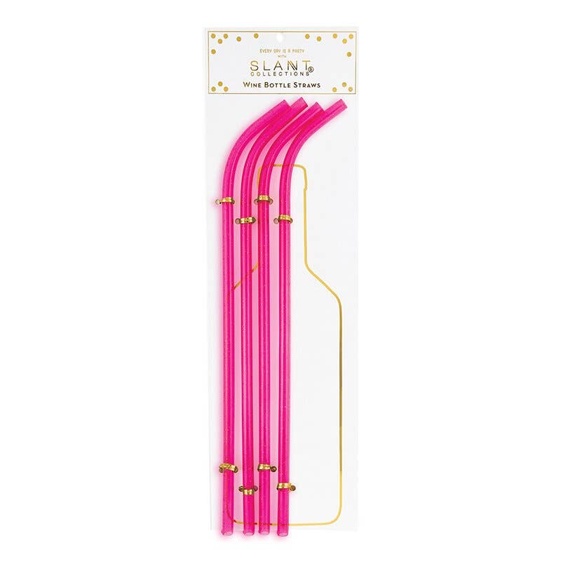 A pack of four bright pink reusable straws with gold accents, displayed in their packaging.