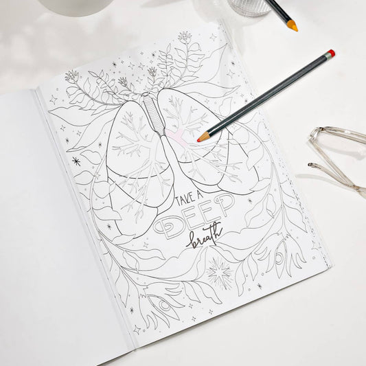 Image of a moth with the prompt, 'Take a Deep breath" on the coloring book.
