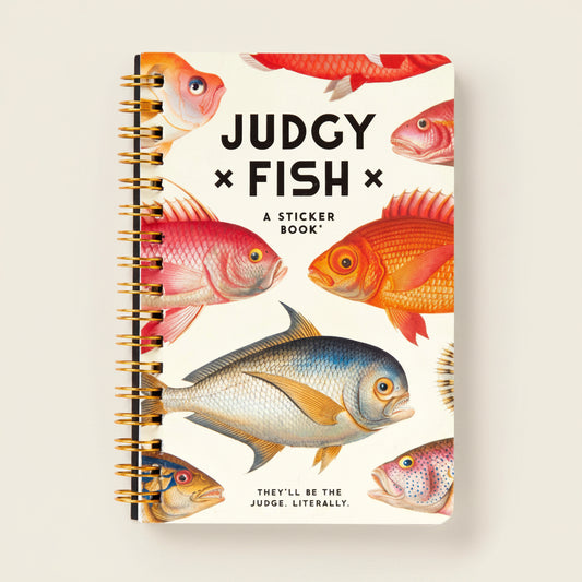 Sticker book cover with colorful fish illustrations and text 'JUDGY FISH' on a white background.