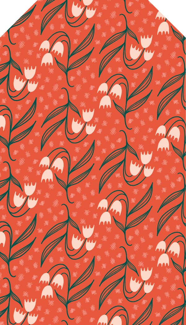 Close-up of floral design on bright red background with white details