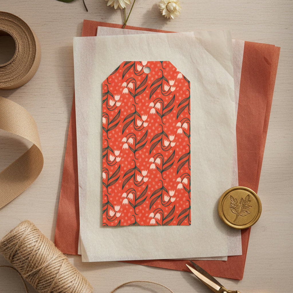 Dosado Red gift tag flat lay on tissue paper with gift wrapping accessories on a natural background