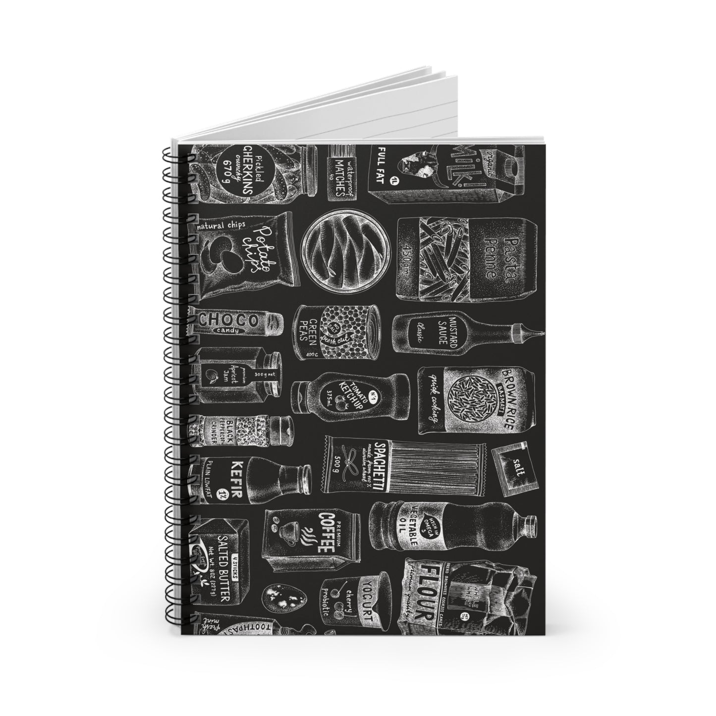 Chalkboard illustration of food on a spiral bound journal