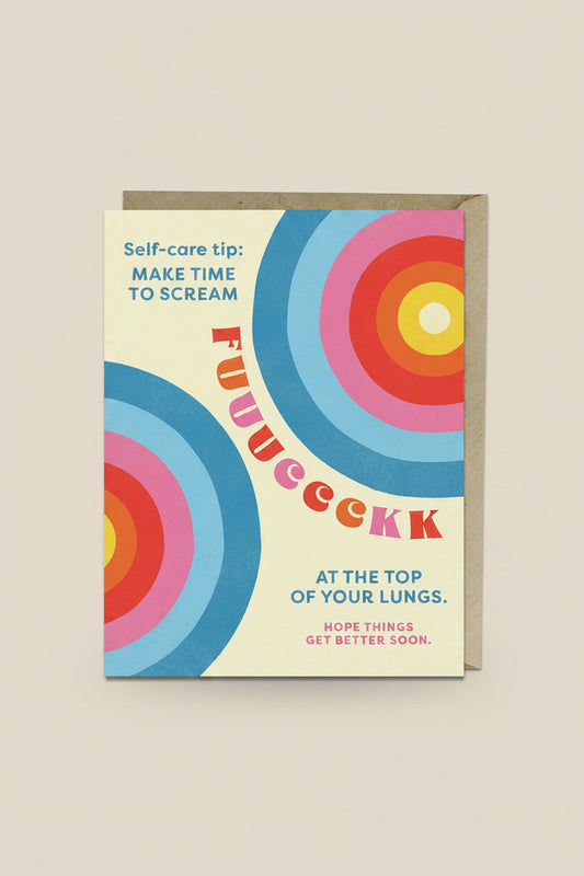 Card with colorful concentric circles and humorous text on a beige background