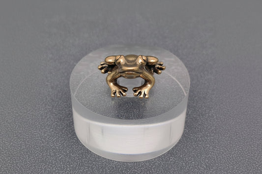 Brass vintage inspired frog figurine on a clear acrylic block against a gray background
