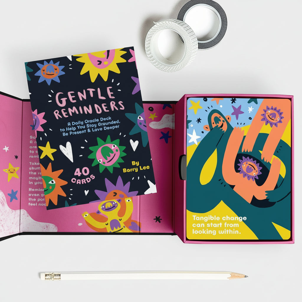 Colorful card deck with 'Gentle Reminders' and 'Daily Oracle Deck' text, featuring abstract designs.