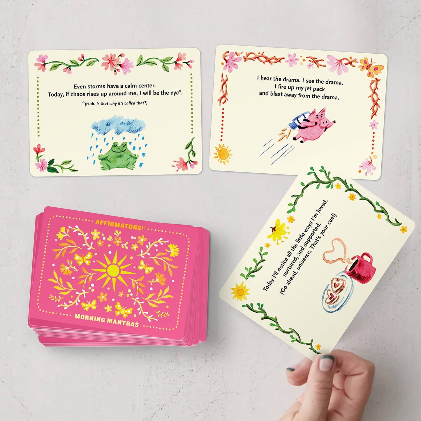 Set of affirmation cards with colorful illustrations and text on a gray background