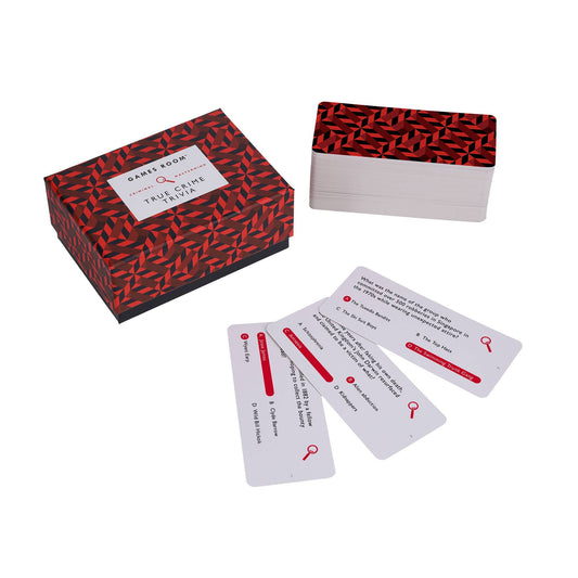 True Crime Trivia box opened with trivia cards spread out