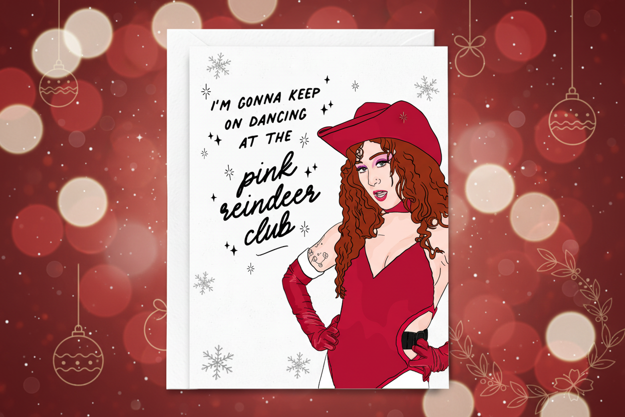 Card with Chappell Roan in a red outfit and hat on a festive background with Christmas ornaments.
