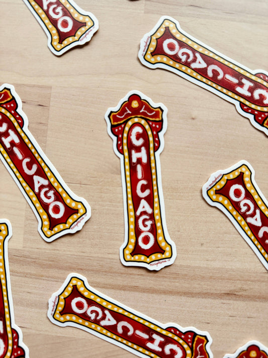 Close up of the vinyl sticker featuring a tribute to the historic Chicago Theater