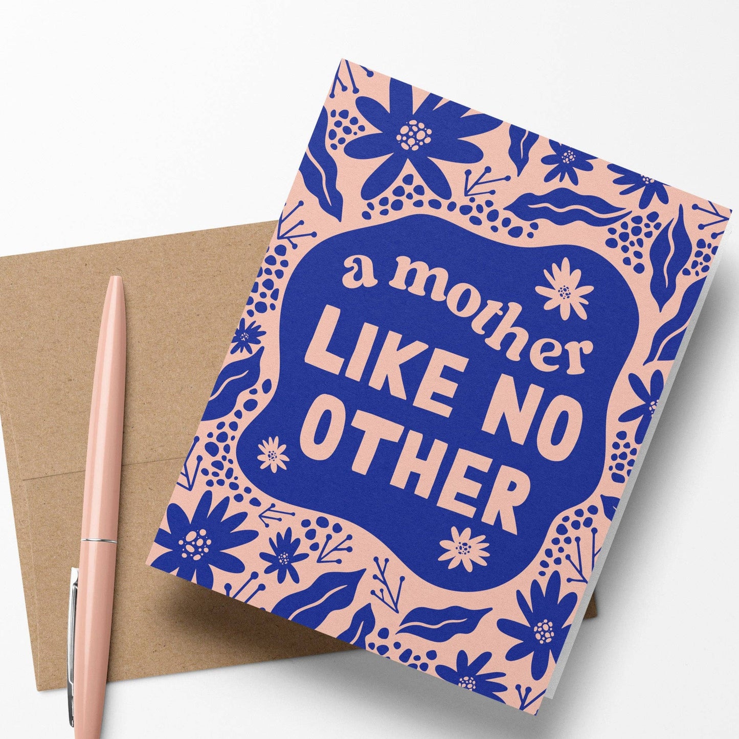 Elegant "A Mother Like No Other" greeting card with a blank interior, paired with a Kraft paper envelope.
