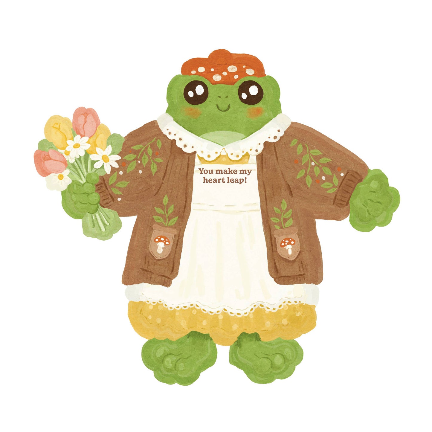 Close-up flat view of imaginative frog stationery set with envelope details.