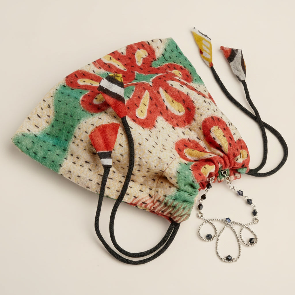 Gift bag holding a jewelry gift for a friend in this bright Recycled Sari gift bag
