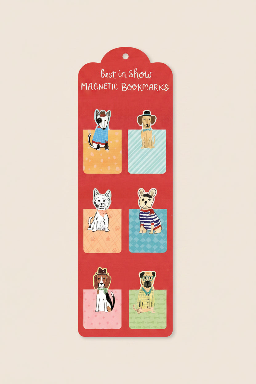 Close-up of six dog-themed magnetic bookmarks on illustrated backing card