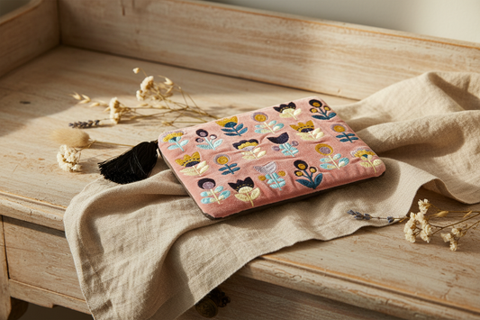 The medium Handmade Floral Pouch with Tulips on Pink Embroidered Coin Purse flat lay on a wooden desk with neutral background and natural accessories.