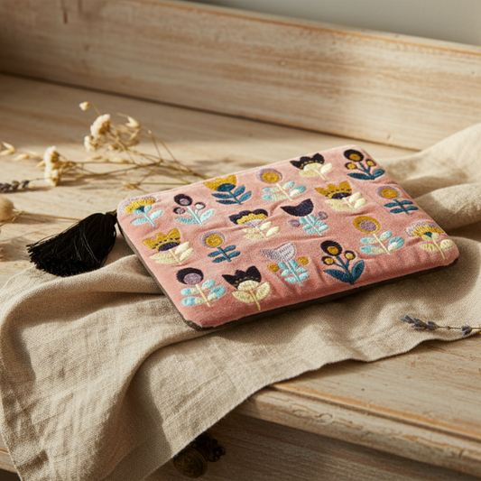 The medium Handmade Floral Pouch with Tulips on Pink Embroidered Coin Purse flat lay on a wooden desk with neutral background and natural accessories.