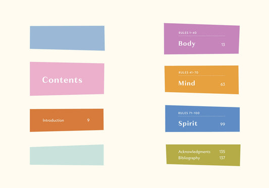 Colorful table of contents with section titles and page numbers on a white background