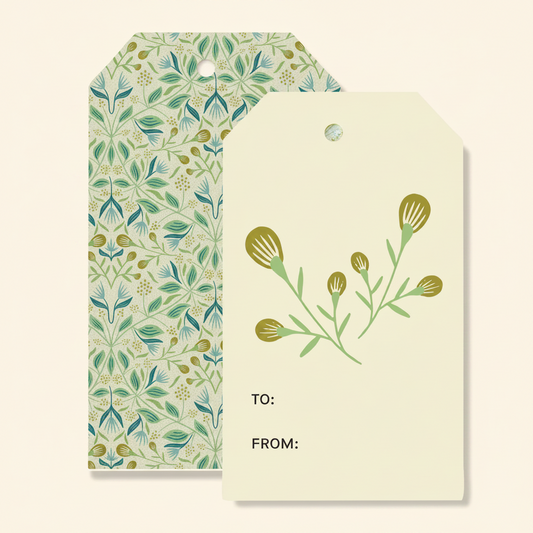 Close-up of floral details in rich, cool tones on white tag background