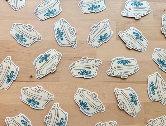 Close-up of Pyrex-inspired vinyl sticker on water bottle