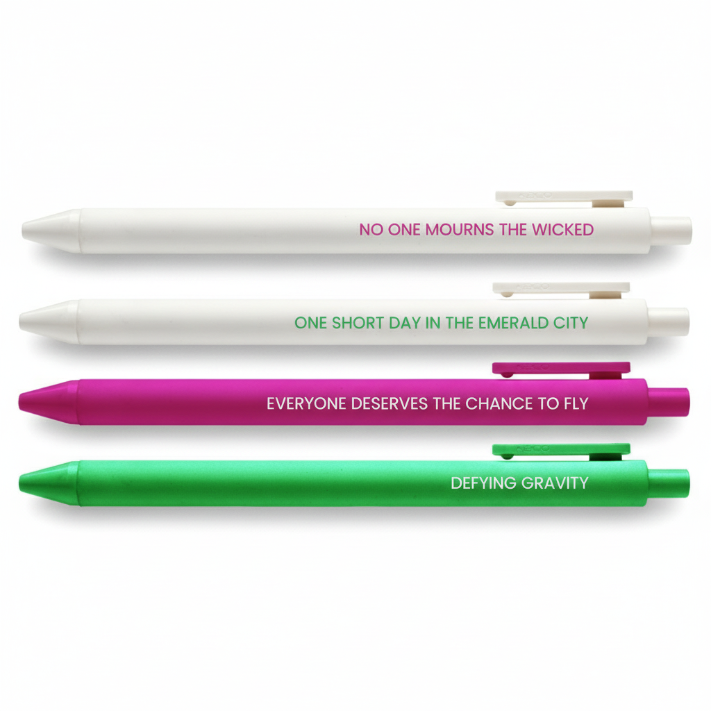A collection of three pens with 'Wicked' themed text on each. The pens are white, pink, and green, each with a different phrase from the musical 'Wicked' printed on them.