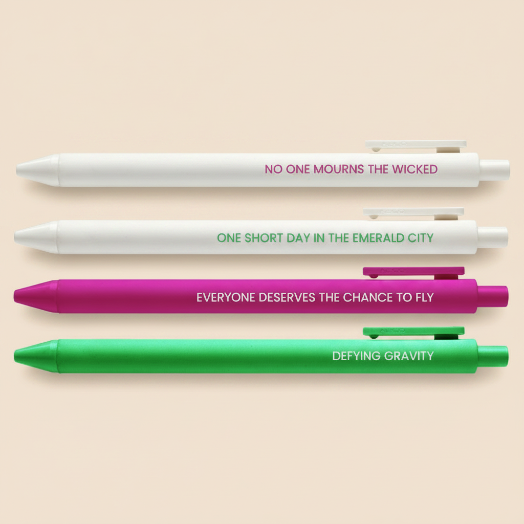 Set of pens with motivational quotes on a white background