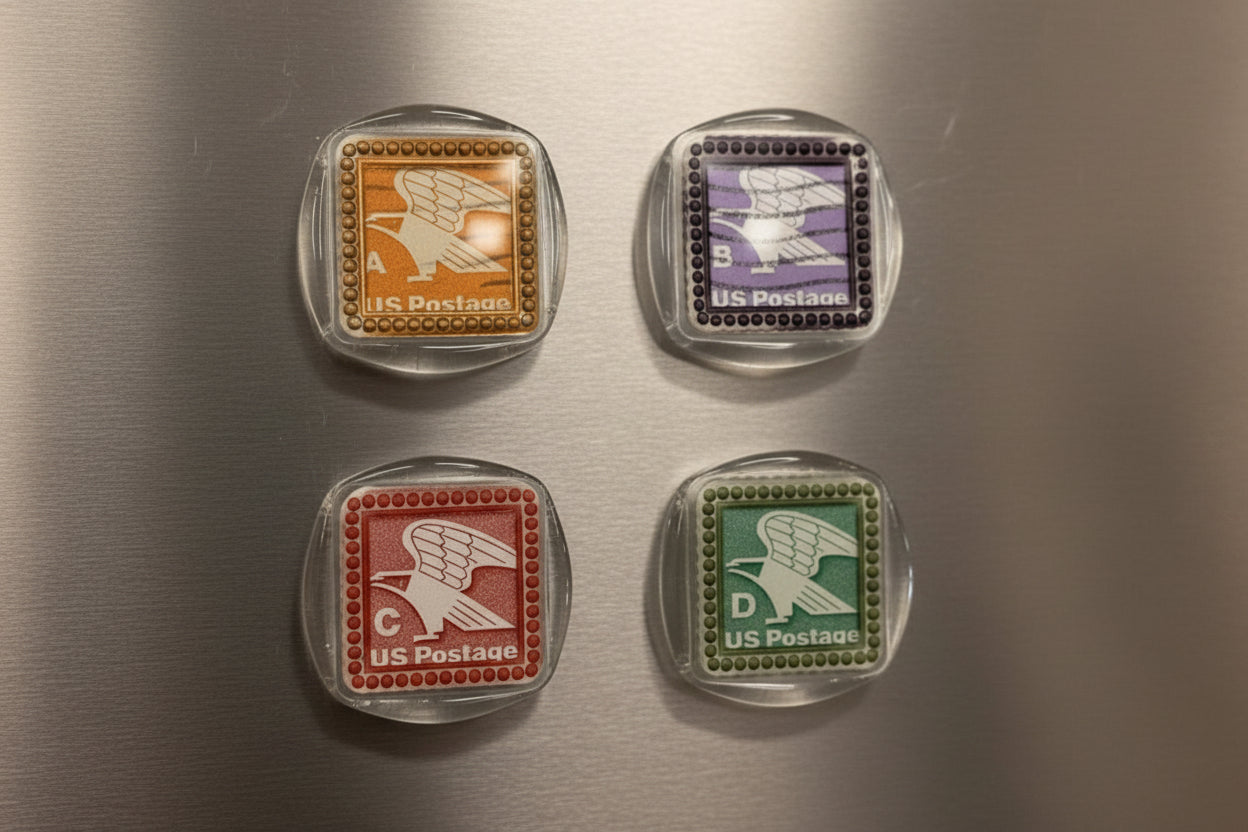 Four vintage-style postage stamps pressed with clear wax and detailed with multi-color gilding wax to accent the various colors.