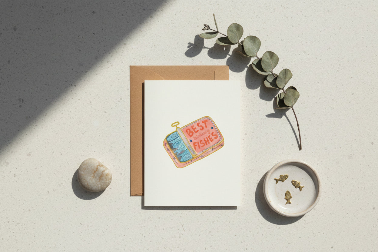 Greeting card with a tin of fish and 'Best Fishes' text, accompanied by a brown envelope on a white background.