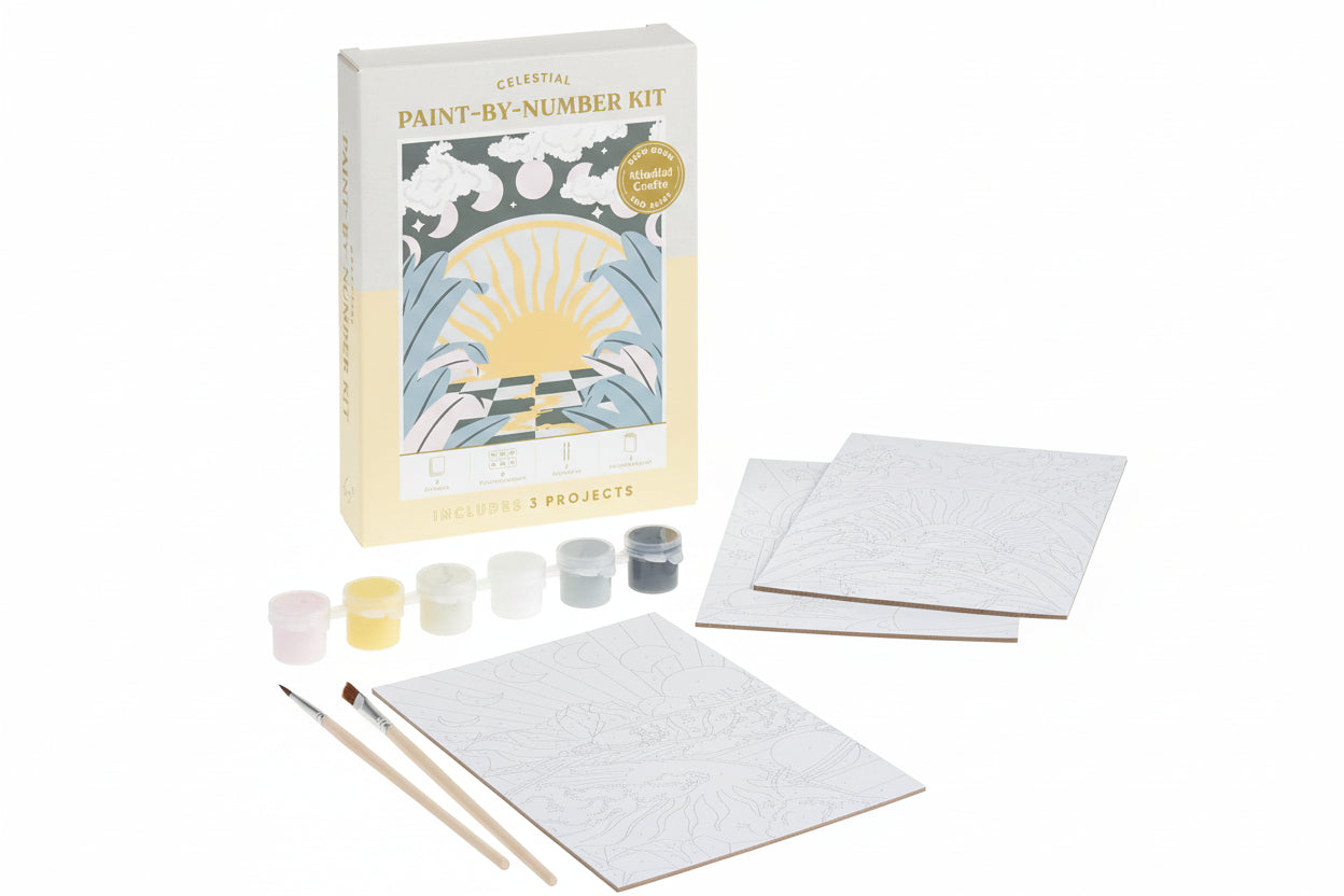 Celestial paint-by-number kit with packaging, canvases, paint, and brushes on a white background