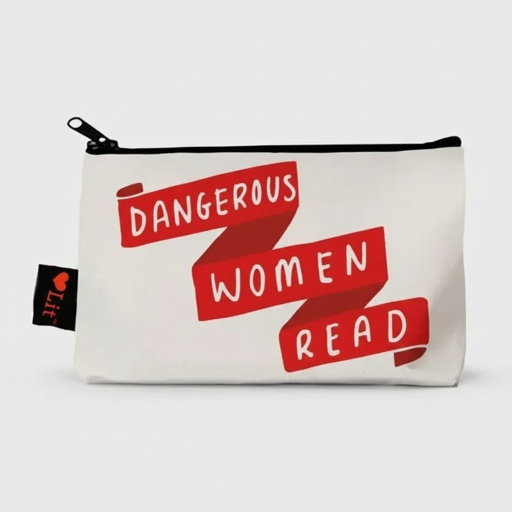 Zippered pencil pouch with bold “Dangerous Women Read” text across front