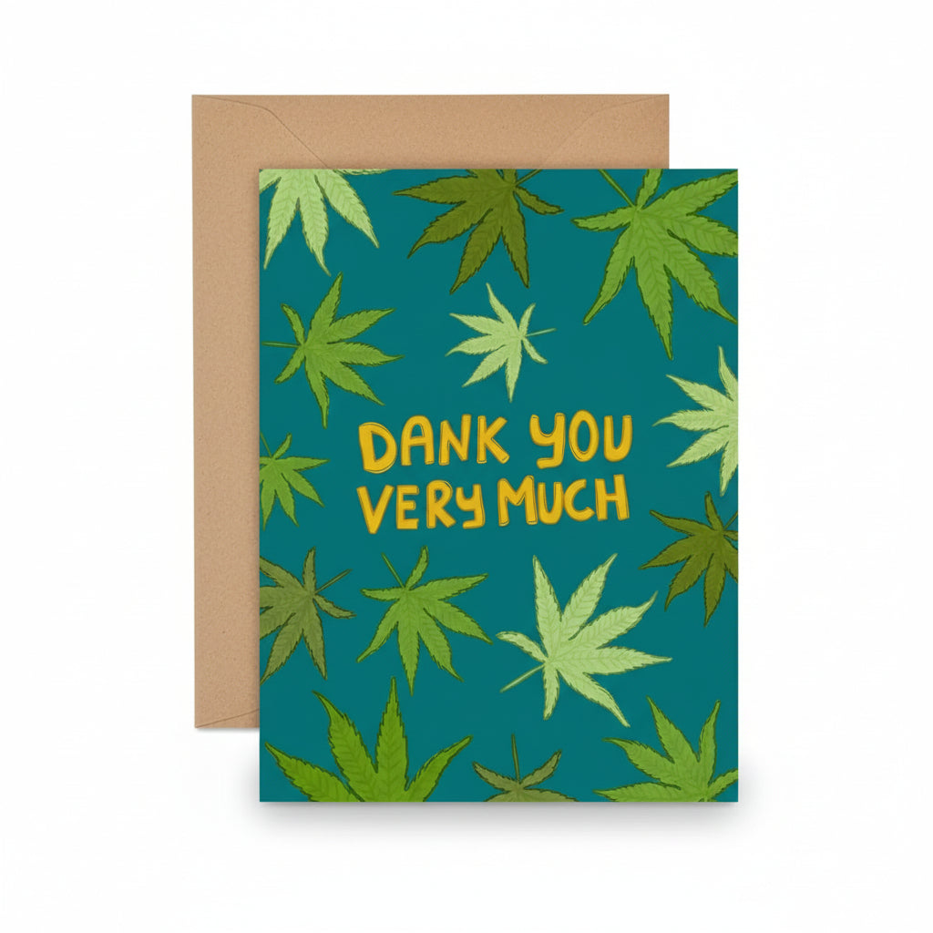 Cannabis-inspired thank you card with playful typography and kraft envelope