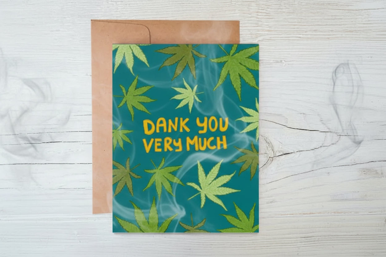 Card with cannabis leaf pattern and 'Thank you very much' text, with smoke effect.