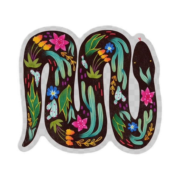 A vinyl sticker featuring a mystical design with desert flowers and a serpent.