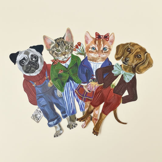 Illustration of four animal notecards (two dogs and two cats) dressed in colorful clothing on a white background.