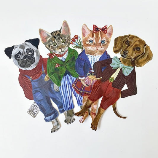 Illustration of four animal notecards (two dogs and two cats) dressed in colorful clothing on a white background.