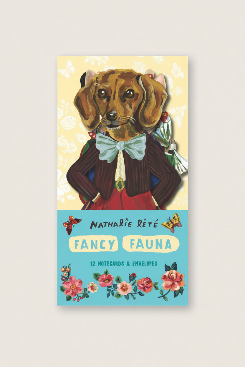 Cover with a dog illustration and 'Nathalie Déte Fancy Fauna' text on a yellow and blue background