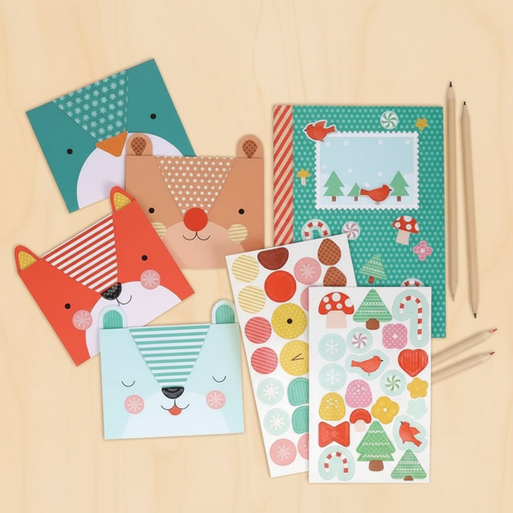 Set of colorful stationery items including notebooks and stickers on a light beige surface.