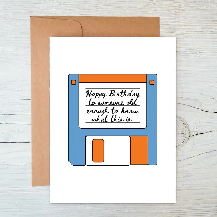 Floppy disk birthday card for tech lovers and vintage enthusiasts