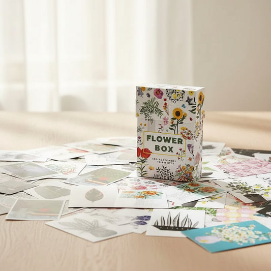 Collection of various floral and nature-themed postcards with a central 'Flower Box' card.