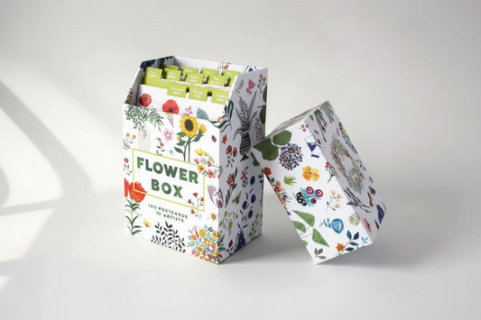 Flower box packaging with floral design on a white background