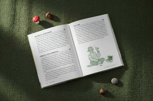 Text page from a book with a green goblin character on a green textured background with natural elements