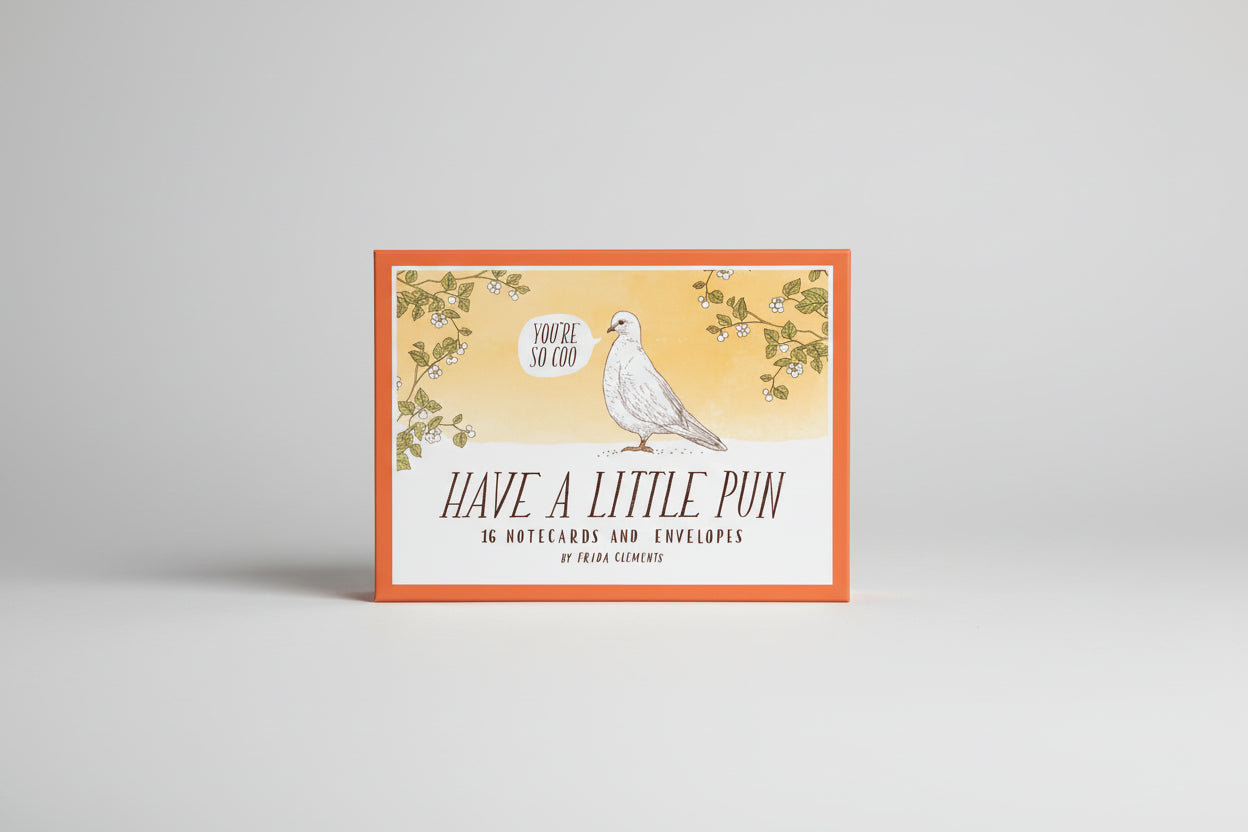 Boxed set of 16 notecards featuring whimsical animal illustrations and puns by Frida Clements