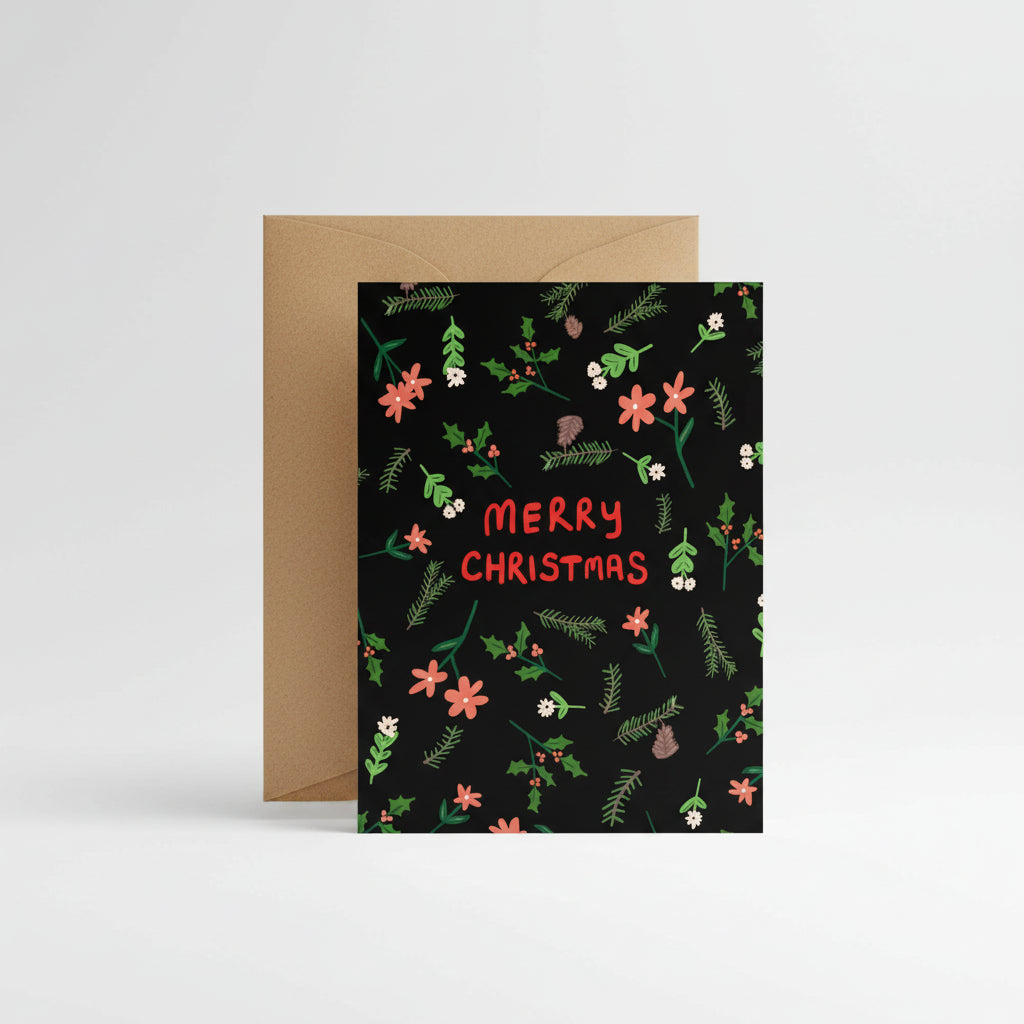 Christmas card with holly leaves and red berries on a white background