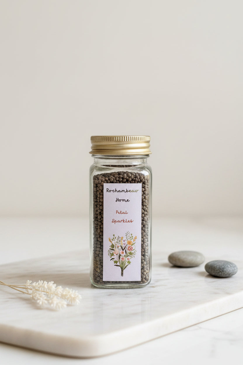 A reusable glass jar with a gold tin lid labeled "Petal Sparkles," filled with a colorful mix of wildflower seeds.