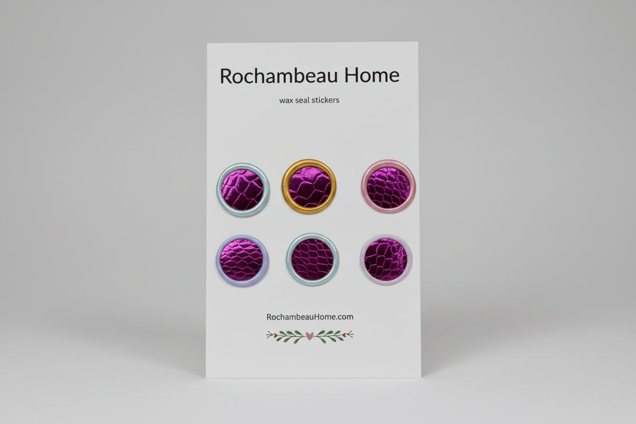 Close up view of the Luxe Snakeskin wax seal stickers created by Rochambeau Home on a 6 pack card